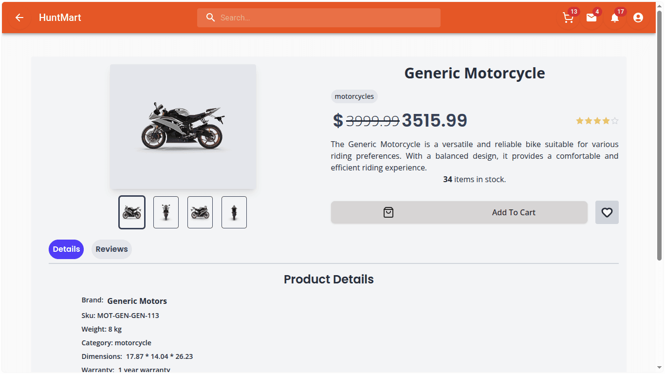 A product detail page for a Generic Motorcycle, showing the discounted price, star rating, image gallery, stock count and a details tab.