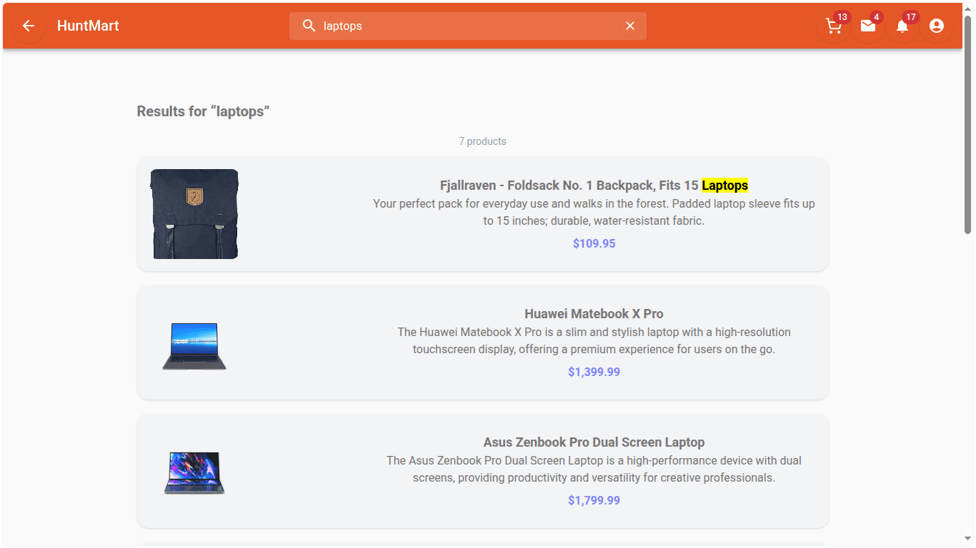 Search results for the query 'laptops', returning seven products — including a backpack whose description contains the word 'laptops' and matches out of the box.
