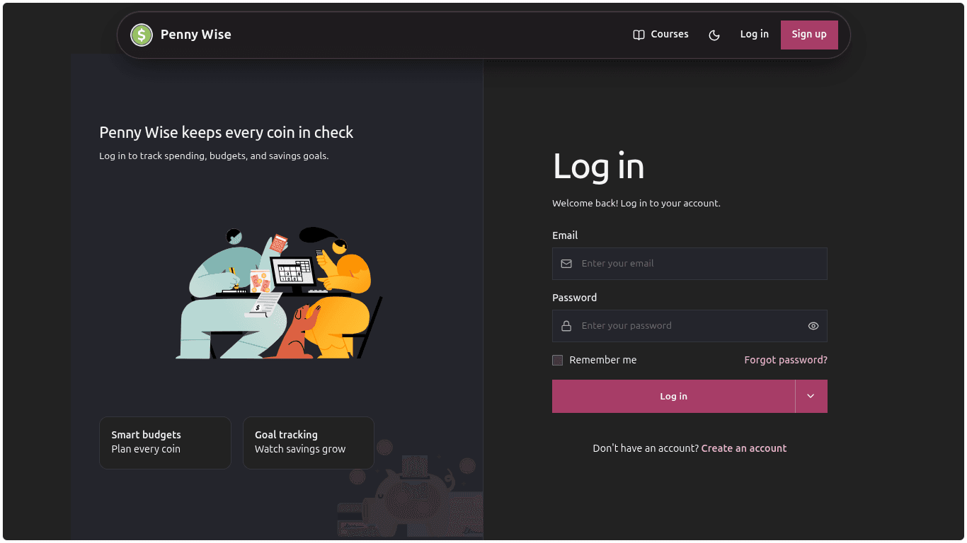 Penny Wise's sign-in screen, with the app's dark rounded shell and the Penny Wise mark in the top-left.