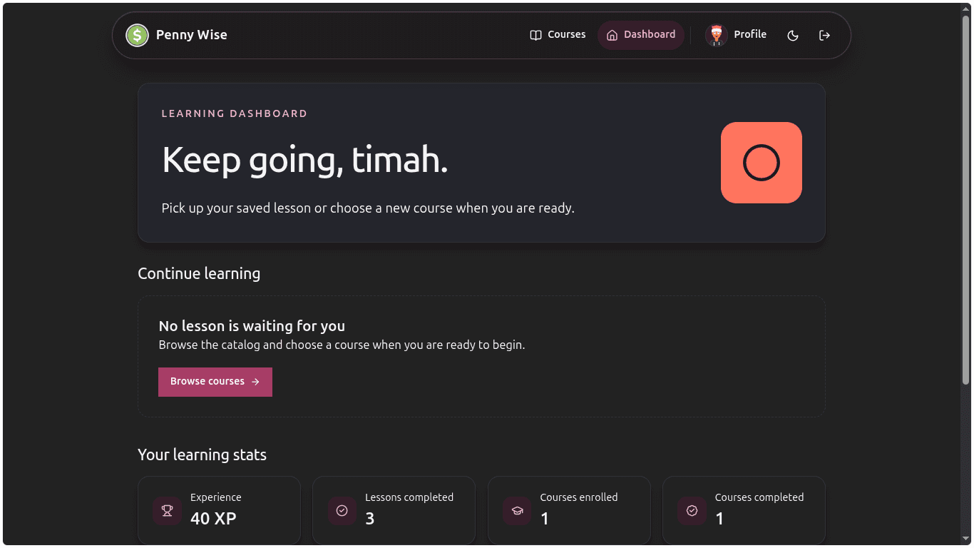 The learning dashboard showing continue-learning state and stats for XP, lessons completed, and courses enrolled.